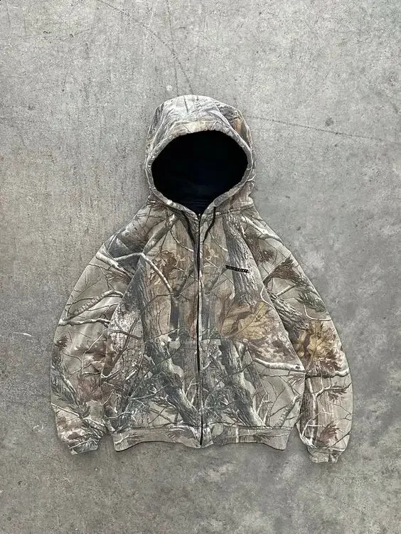 High Street Hip Hop Oversized Camouflage Hoodie Y2K Retro Mens Printed Pattern Zipper Sweatshirt 240821