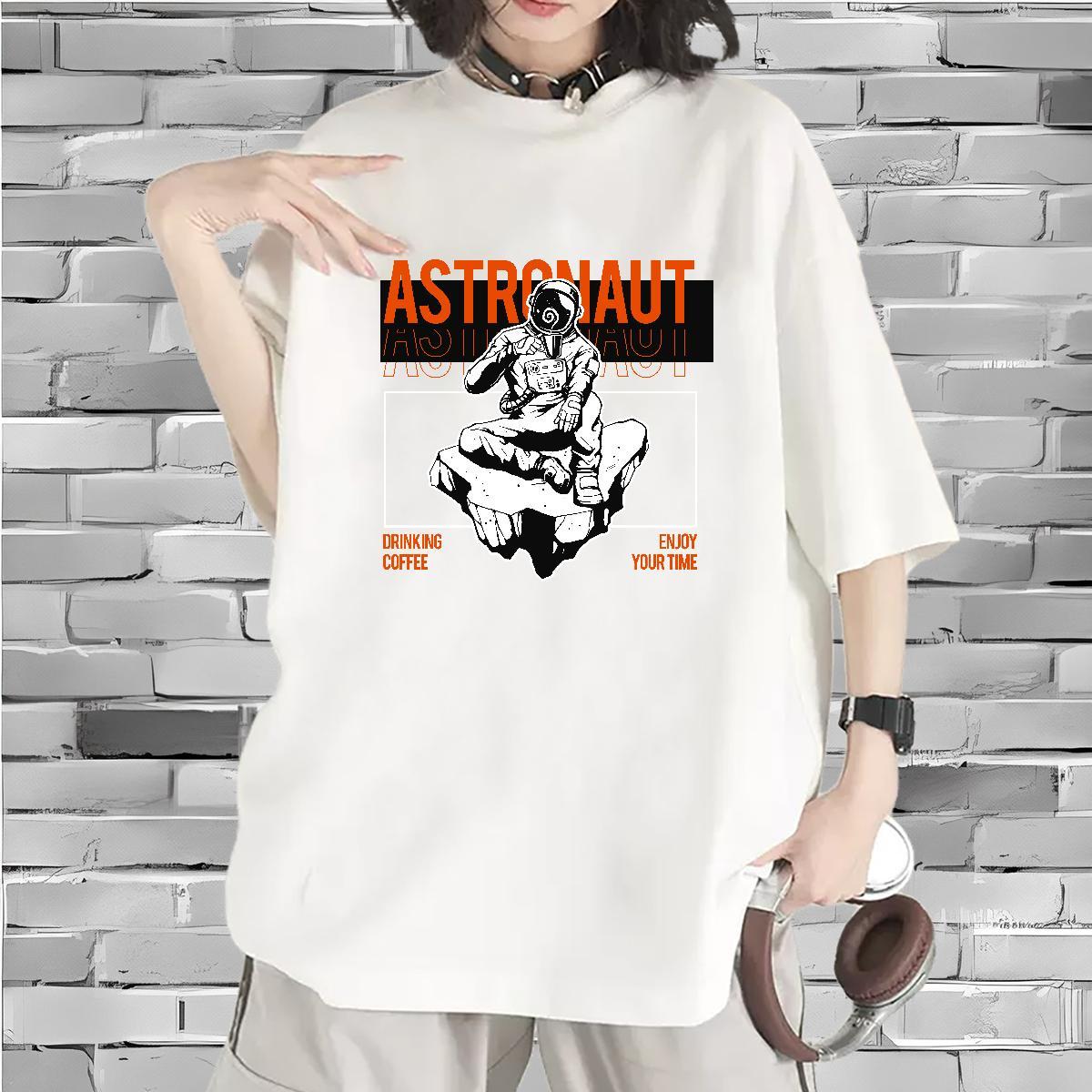 High quality Women Tees 230g Pure Cotton spaceman Casual Daily Wear T shirt Breathable Crew Neck Black Oversized Tees Shirts