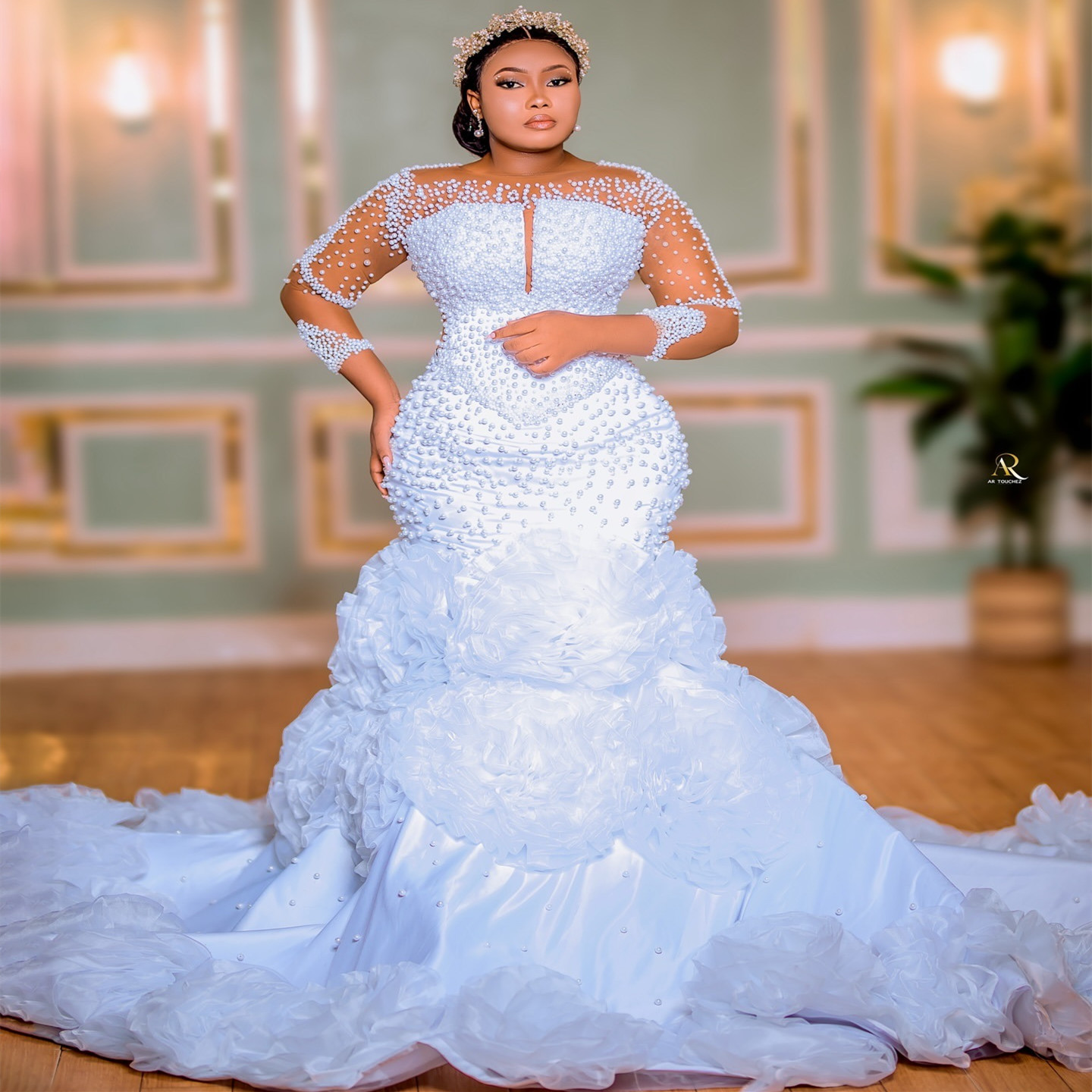 African Aso Ebi 2024 White Mermaid Wedding Dress Pearls Full Sleeves Vintage Flowers Elegant Bridal Gowns Dresses ZJ214