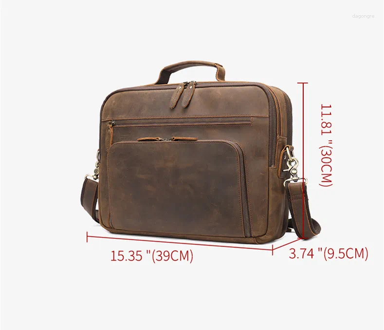 3 Briefcases Retro Crazy Horse Leather Men's Bags Briefcase Genuine Messenger Bag Large Capacity 15.6-Inch Laptop