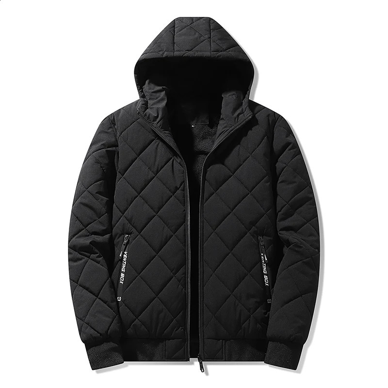 Mens jacket with hood autumn cotton padded mens fashion clothing diamond texture casual park size 5XL 240822