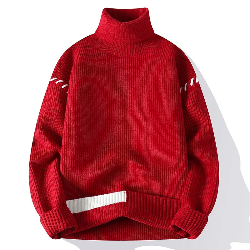 Fashion Youthful Vitality Mens Turtleneck Sweater Autumn Winter Loose Casual Knitted Pullovers Men Warm Patchwork Knitwear 240821