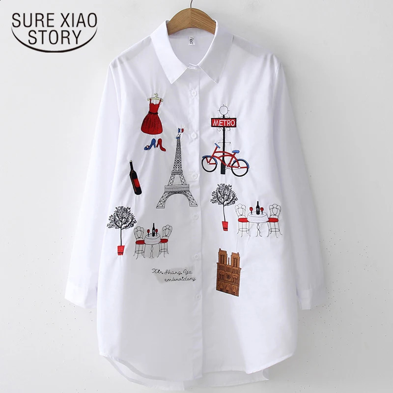 2024 White Shirt Casual Button Up Turn Down Collar Female Blouse Long Sleeve Cotton Embroidery Lady 5083 50 240821