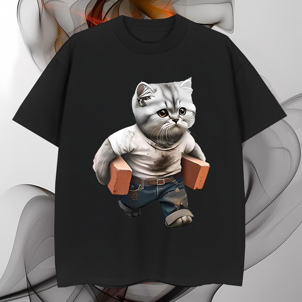 Cool T-Shirts for Men cat O-Neck Short Sleeve Casual DIY Anime 230g Pure Cotton Mens Tshirts Casual New Tees