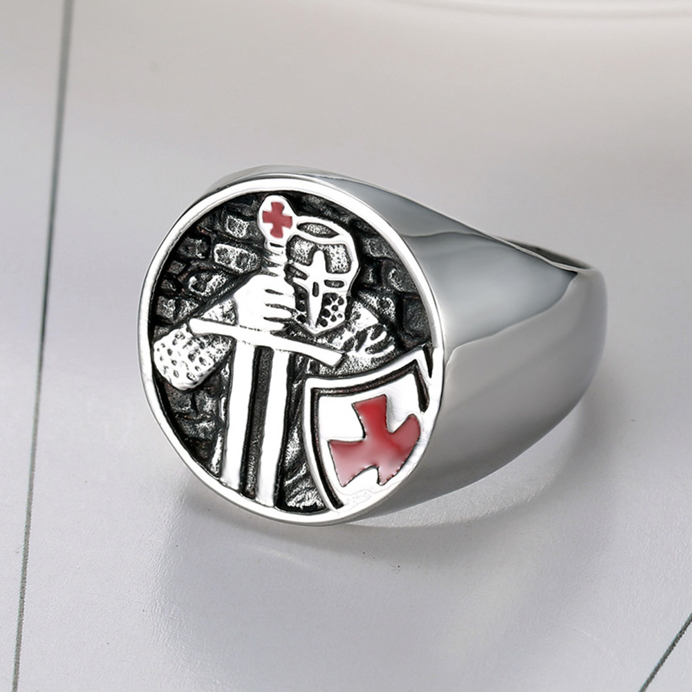 Vintage Knight Cross Casting Ring Titanium Steel Red Oil Drip Mens Jewelry