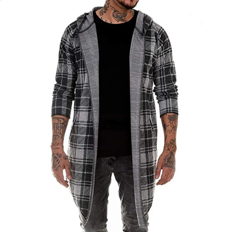 Long coat men gothic trench coat men cardigan slim long cloak hooded Knitted plaid jacket men fashion steampunk mens coat 240822