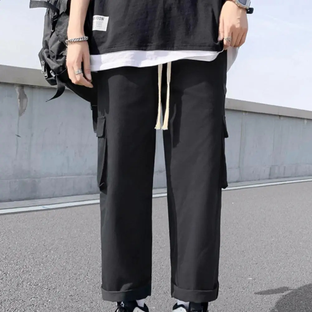 Mid-Rise Elastic Waist Drawstring Pockets Pants Men Straight Wide Leg Solid Color Casual Pants Streetwear pantalones hombre 240822