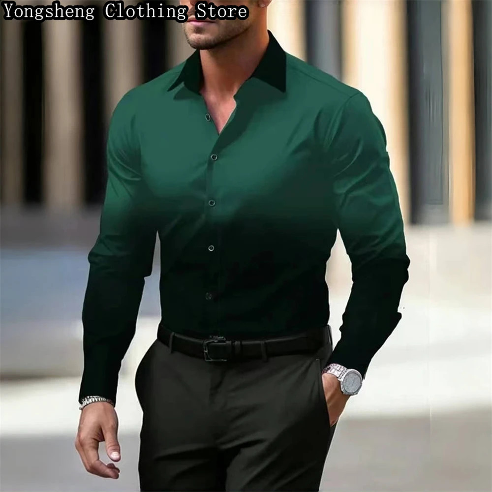 Mens long-sleeved ice silk printed shirt business splicing gradient pattern fashionable business casual clothing 240822