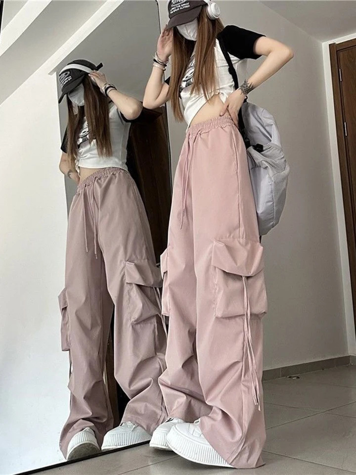 Zoki Cargo Pant Women y2k Streetwear Hip Hop Loose Casual Trousers American High Waist Big Pockets Lace Up Fashion Lady Pants 240821