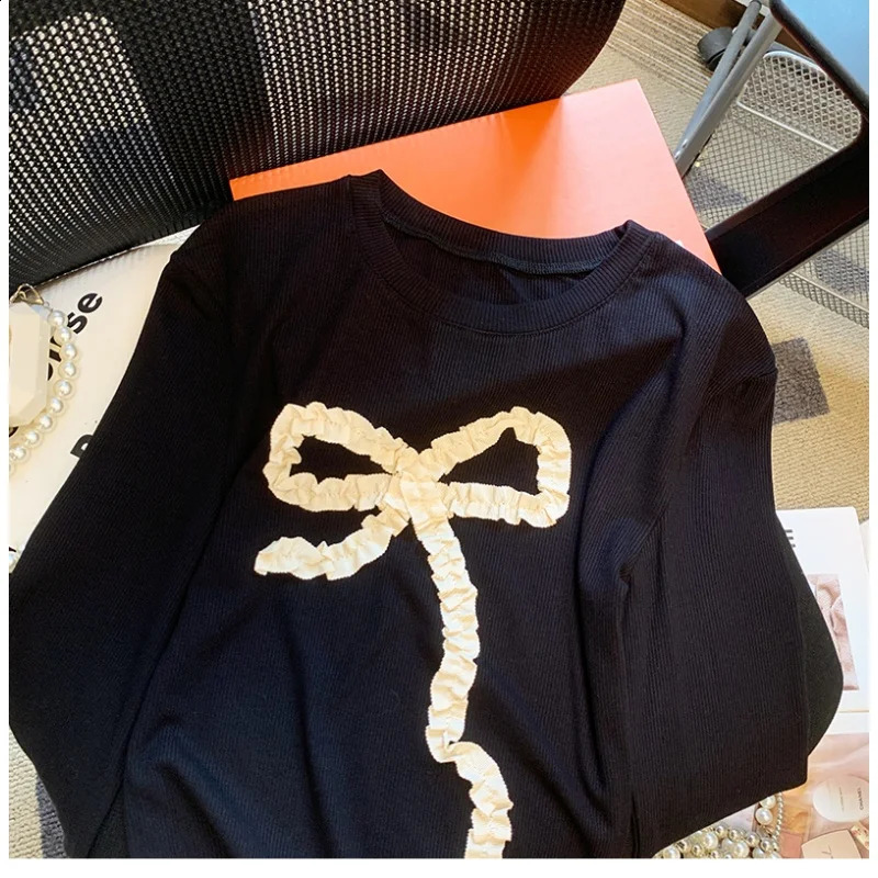 Spring Bow Oneck Knitted Top for Women 2000s Fashion Retro Loose Pulling Strapless Y2k Grunge Long Sleeve Black Sweater 240821