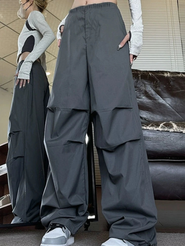 QWEEK Vintage Y2k Cargo Pants Women Folds Oversize High Street Fashion Baggy Sweatpants Korean Casual Wide Leg Jogger Pants 240821