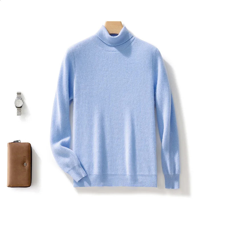 Autumn and winter 100% pure wool mens turtle neck solid color plus size cashmere sweater fashionable bottom 240821