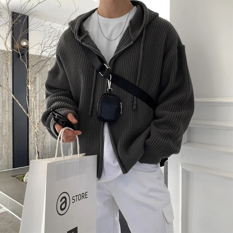 Winter Sweater Cardigan Men Warm Oversized Knitted Hooded Sweater Coat Men Korean Loose Cardigan Sweater Mens Jumper Clothes 240821