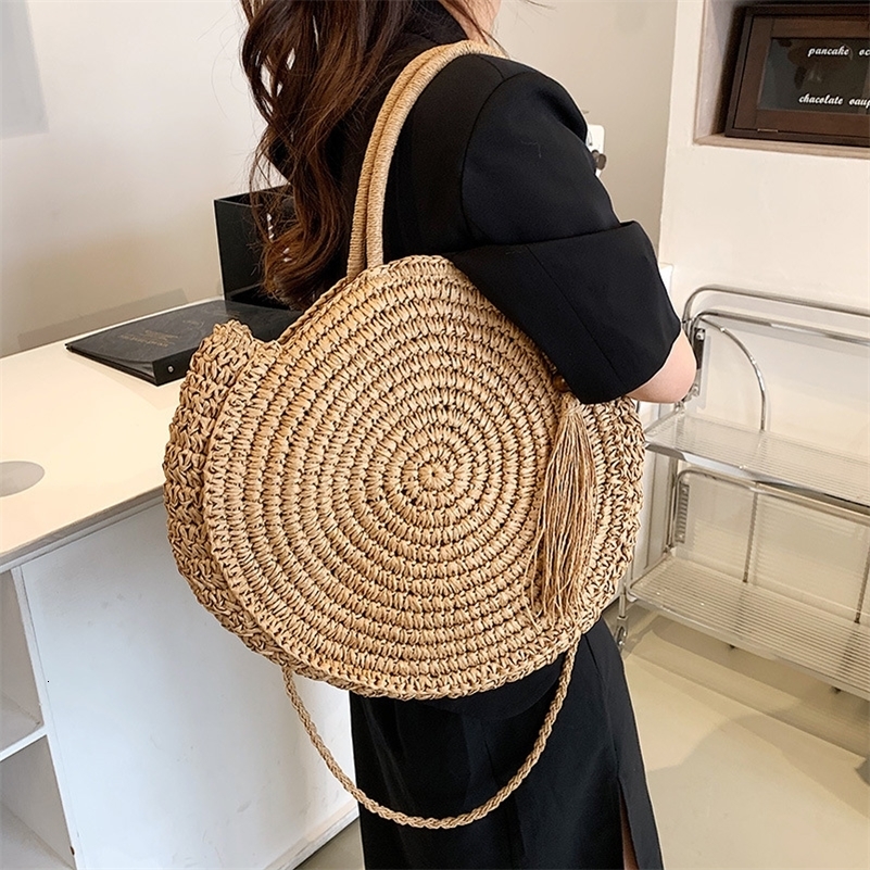Fashion Straw Shoulder Bags for Women Round Rattan Handmade Woven Beach Bag Female Travel Large Capacity Shopper Tote Handbags 240821