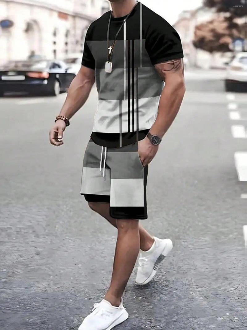 Men's Tracksuits Men Color Block Round Neck Short Sleeve T-Shirt And Drawstring Waist Shorts Casual Set For Summer Retro Style Clothing