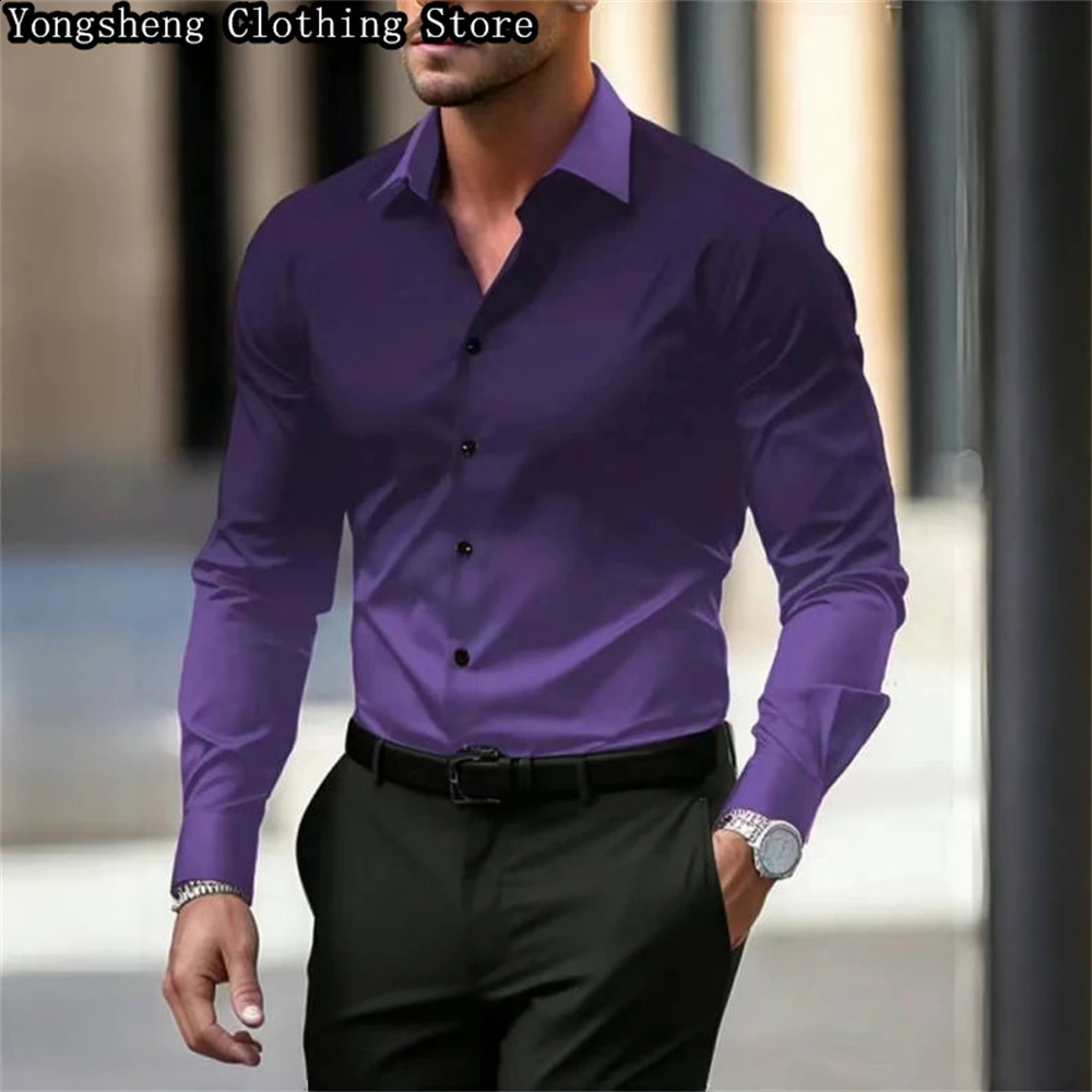 Mens long-sleeved ice silk printed shirt business splicing gradient pattern fashionable business casual clothing 240822