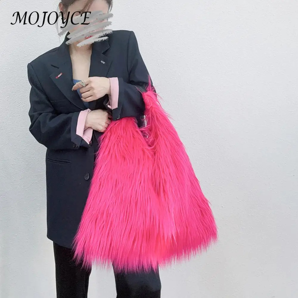 Women Fluffy Shoulder Bag Hasp Plush Tote Handbag Casual Top Handle Bag Versatile Large Capacity Fall Winter Soft Bag 240821
