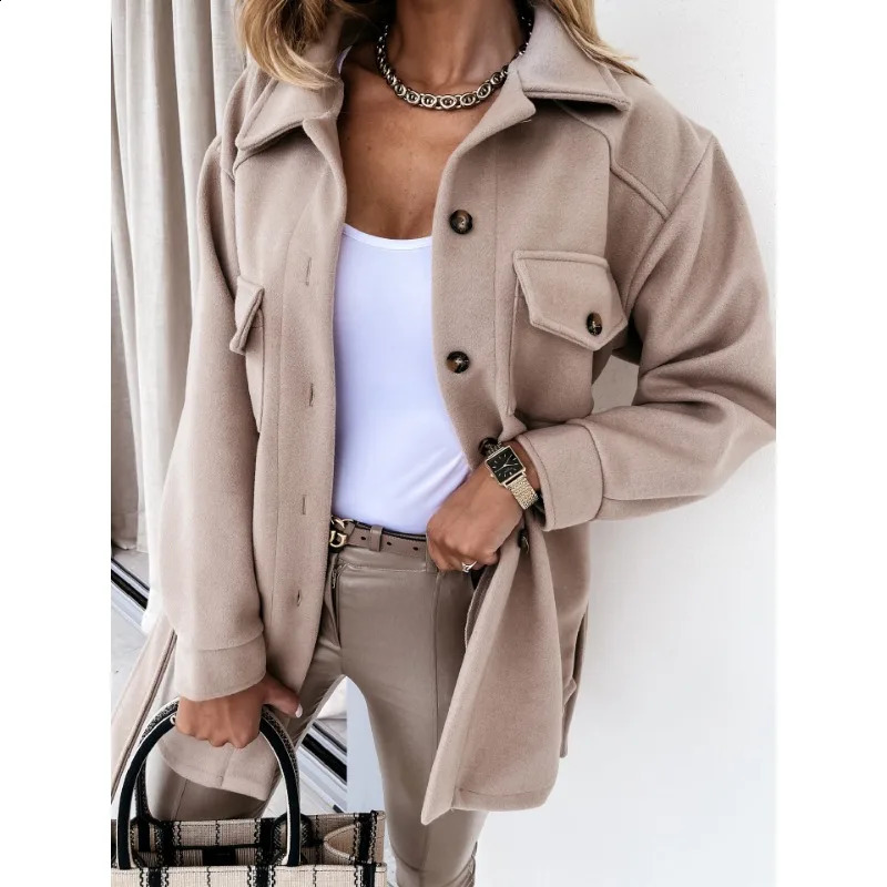 Autumn Winter Womens Lapel Single Breasted Thicken Solid Shirt Woolen Loose Coat Commuting Woman Fashion Long Sleeved Jacket 240822