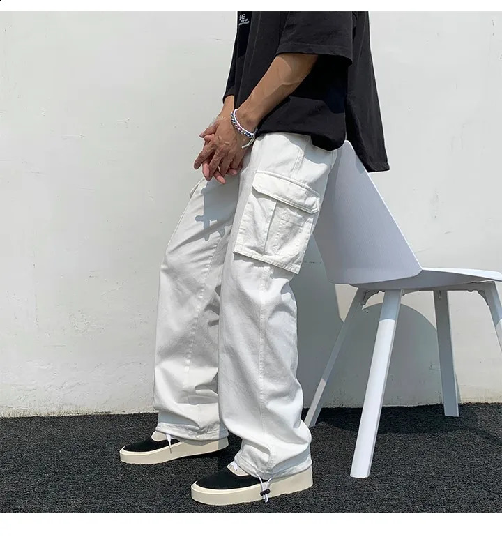 Black/white Casual Pants Mens Fashion Loose Straight Wide Leg Pants Men Streetwear Hip-hop Pocket Cargo Pants Mens Trousers 240822