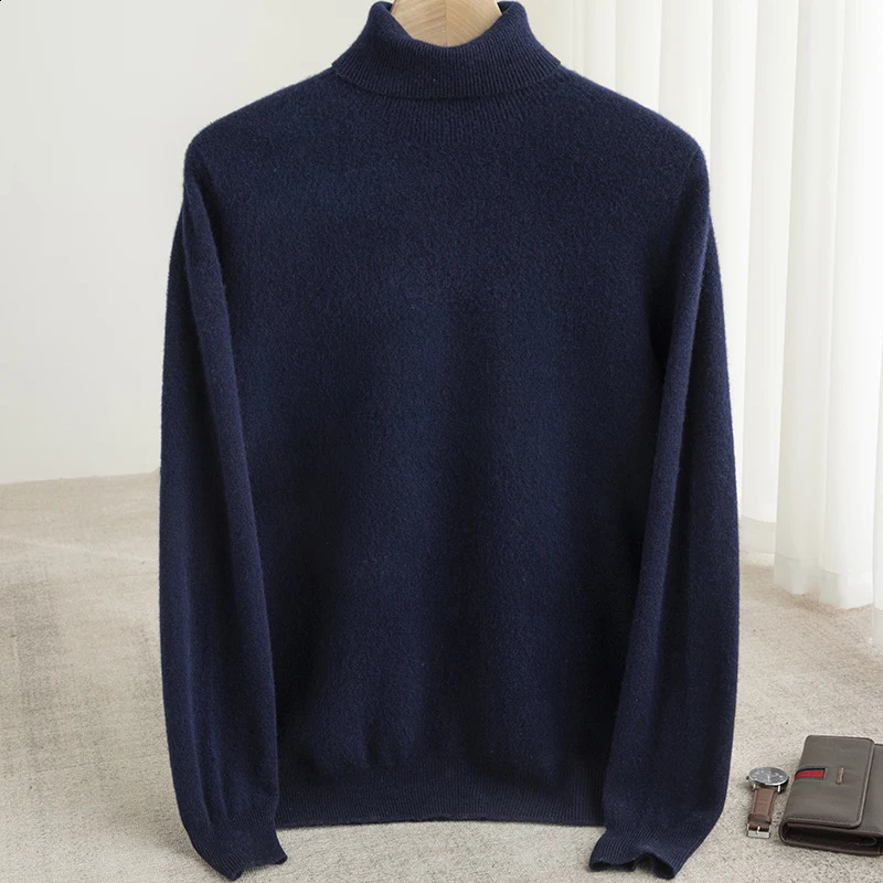 Men 100% Merino Wool Sweater Turtleneck Knitted Pullover Cashmere Warm Solid Color Clothes Business Bottoming Tops Autumn Winter 240821