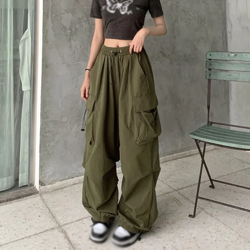 Women Y2K Cargo Pants Casual High Waist Big Pockets Hip Hop Trousers Female Streetwear Drawstring Baggy Oversized Sweatpants 240821