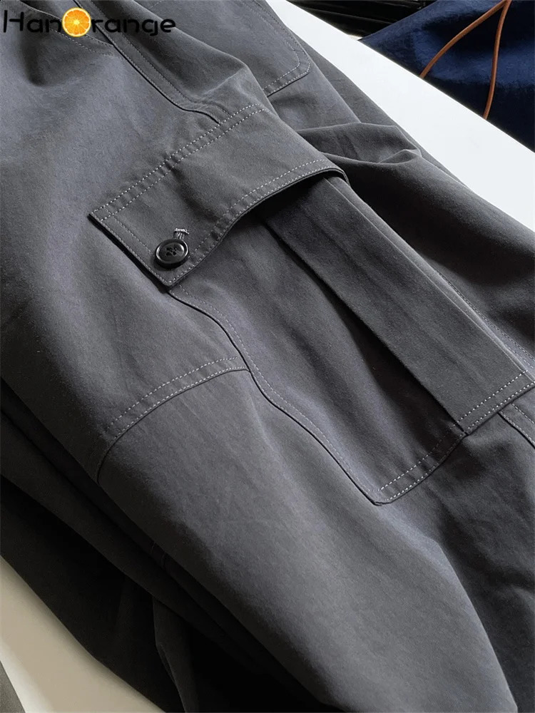 HanOrange Retro Large Pocket Cargo Pants Womens Spring High Waist Wide Leg Loose Trouser Military GreenSmoke Grey 240821