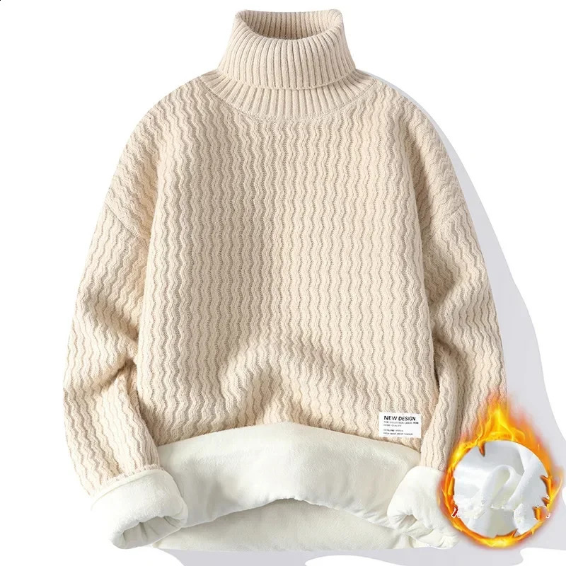 Winter Fleece Turtleneck Sweater Men Warm Knit Pullovers Mens Casual Knitted Sweaters Solid Color Turtleneck Knitwear Man 240821