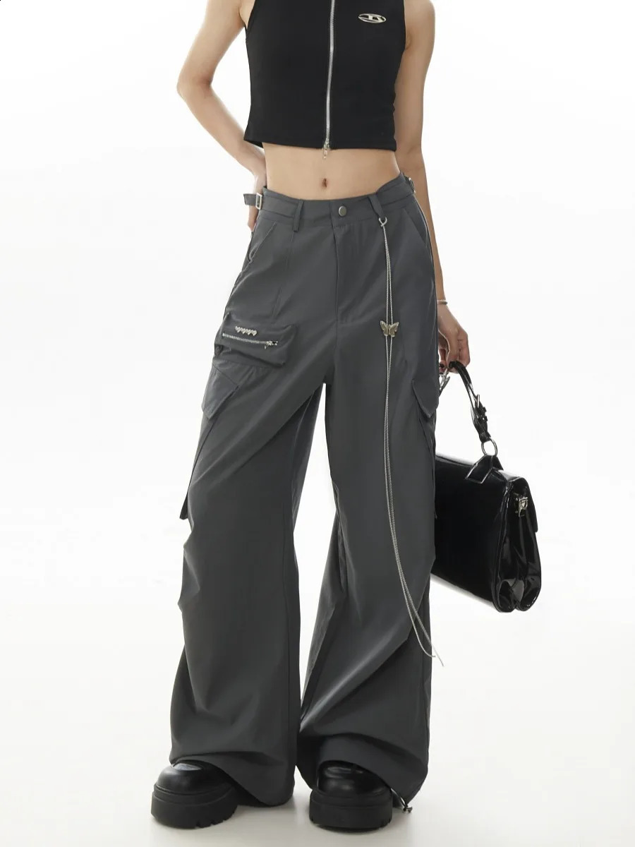 Womens Grey Baggy Cargo Pants Vintage Y2k Harajuku 90s Aesthetic Black Parachute Pants High Waist Wide Trousers 2000s Clothes 240821