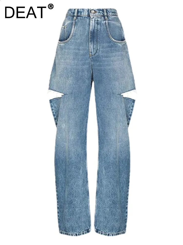 DEAT Fashion Womens Loose High Waist Wide Leg Denim Pants Hollow Blue Long Straight Jeans Autumn Collection L2901H 240821