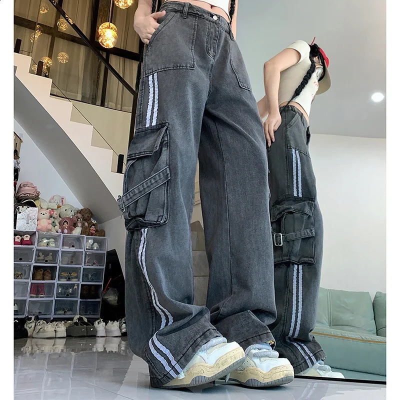 Women Vintage 90s Baggy High Waist Jeans Female Harajuku Denim Cargo Pants Lady Aesthetic Black Grey Blue Wide Leg Trousers 240822