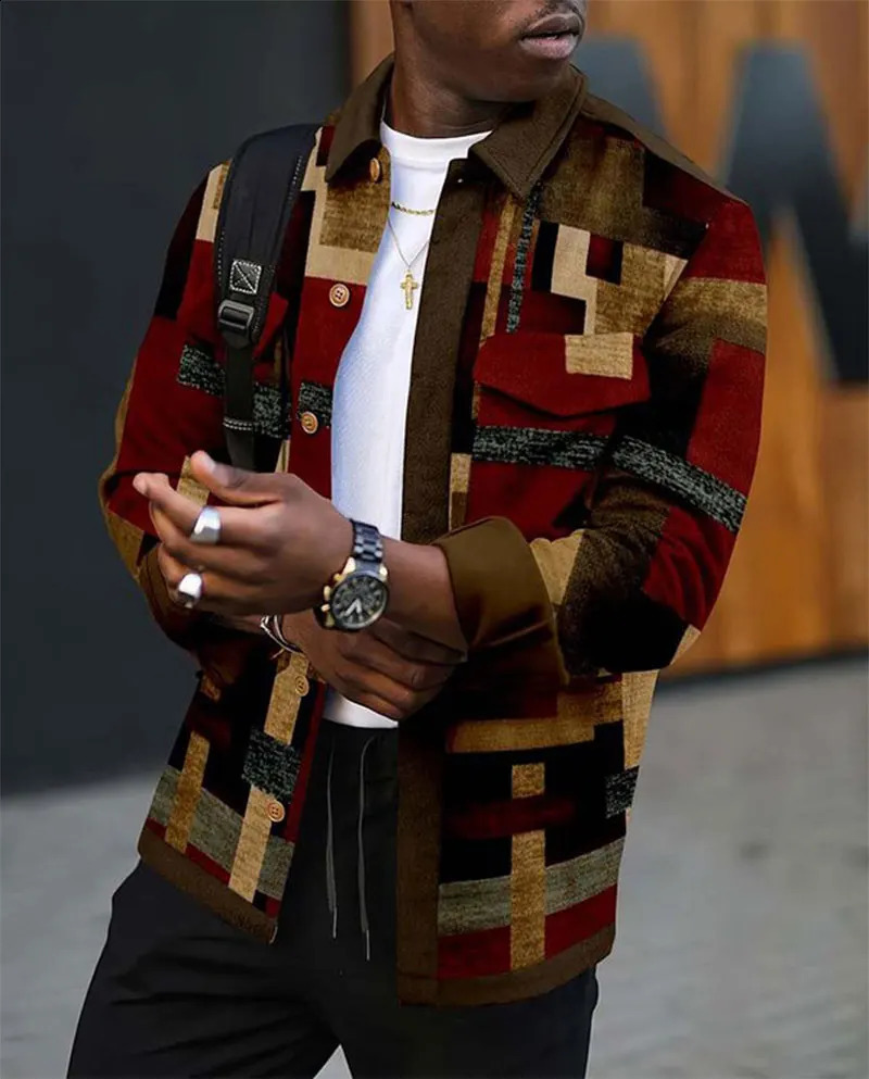 Mens shirt jacket patch work flap pocket button thick warm jacket standard fit grid fashion cotton casual shirt 240821