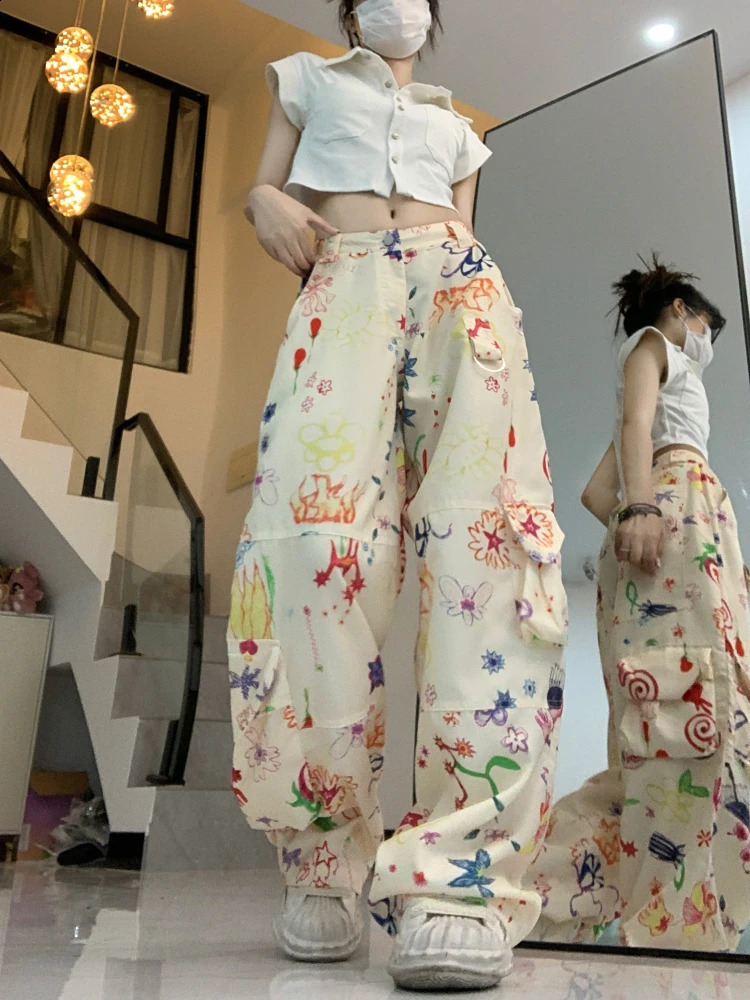 ADAgirl Vintage Baggy Cargo Pants Women Y2k Fashion Straight Flower Pattern Low Waist Casual Sweatpants Hip Hop Slouchy Trousers 240821