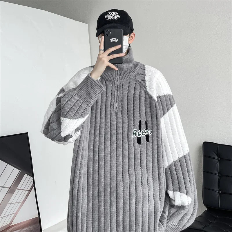 China-Chic autumn and winter lovers loose contrast color block raglan sleeves hooded sweaters men and women lazy knitwear coat 240821