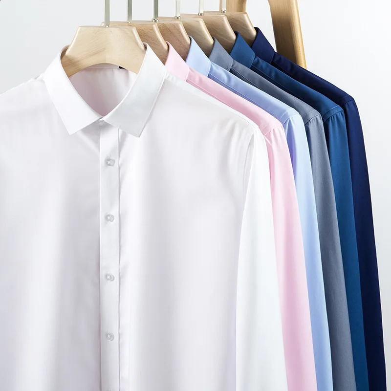 Elastic long sleeved white shirt for mens suit business dress casual silk smooth and wrinkle resistant bamboo fiber shirt 240822