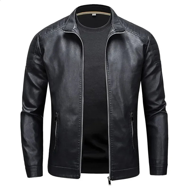 Motorcycle PU Leather Jacket Men Blue Leahter Jacket Male Stand Collar Casual Windbreaker Trendy Mens Clothing 240822
