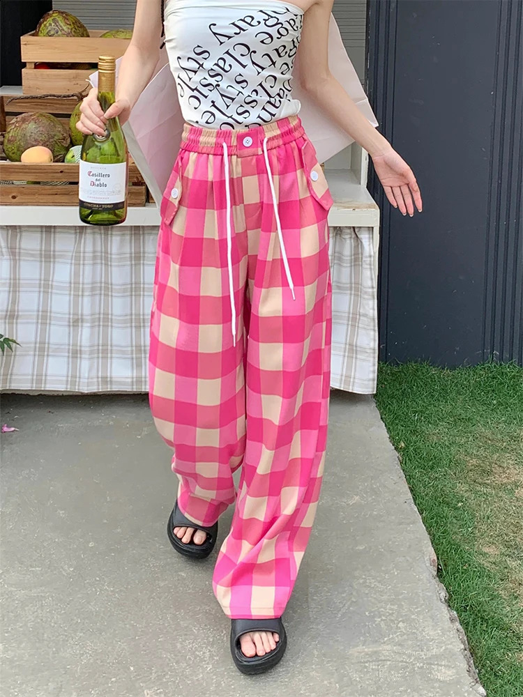 Womens Pink Plaid Pants Vintage Harajuku Y2k Aesthetic Retro Loose Pants Oversize High Waist Baggy Trousers 2000s Clothes 240821