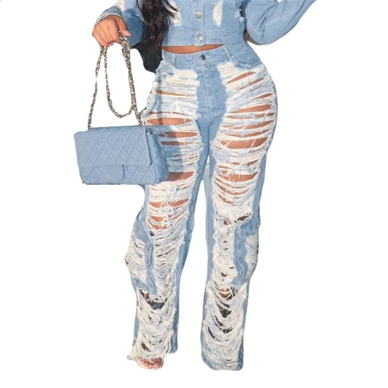 Trend Hollow Out Broken Holes Jeans Women Fashion Leg Patchwork Pocket Denim Pants Female High Waist Trousers Casual Streetwear 240821