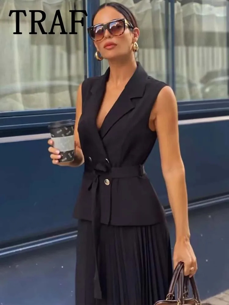 TRAF Corset Dress Women Pleated Vests Long Dresses for Women Sleeveless Office Party Dress Ruched Midi Evening Dresses 240822