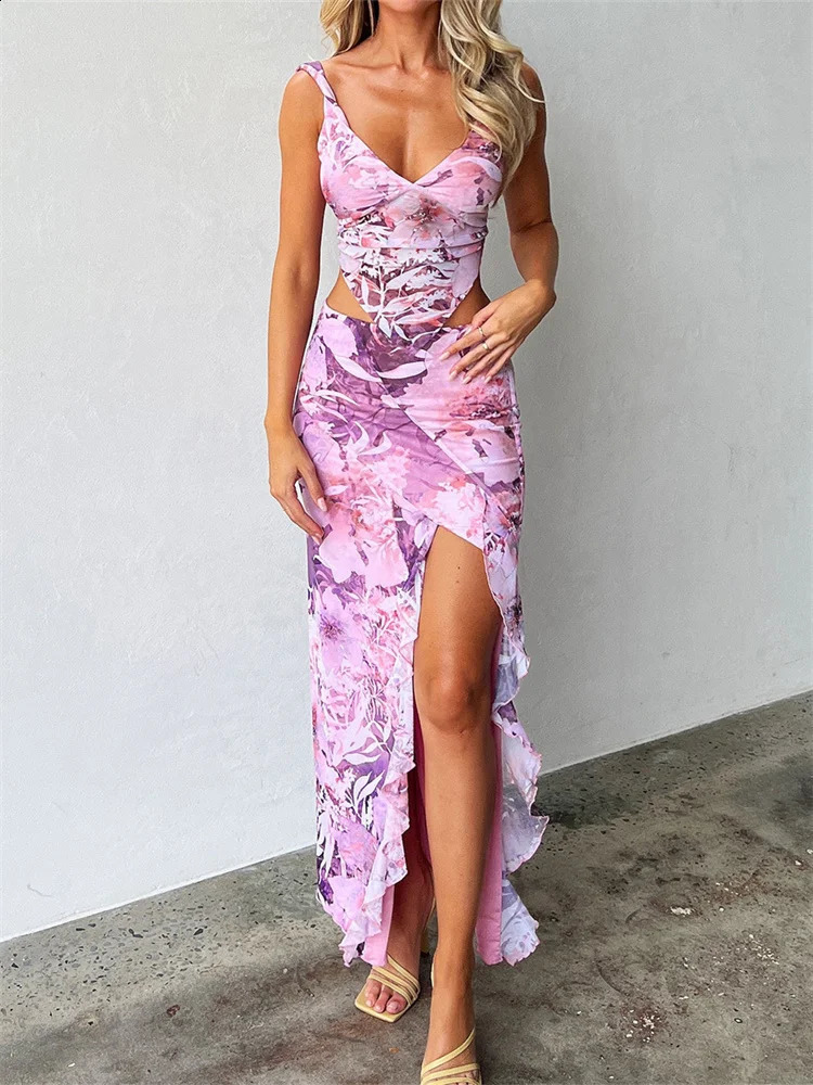 CHRONSTYLE Women Sexy 2 Piece Long Skirt Sets Lace V-neck Backless Camis Tops High Split Skirts Summer Outfits Y2K Clubwear 240813