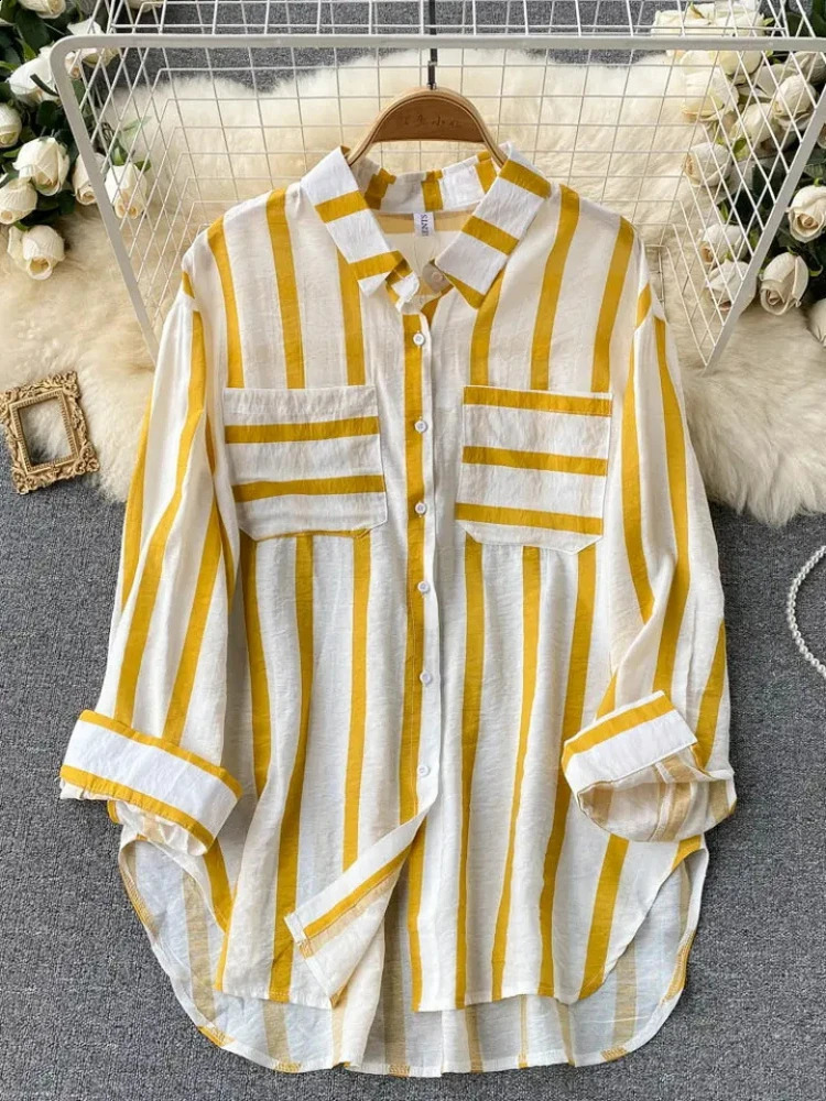 Fashion Woman Blouse 2023 Medium Length Vertical Stripe Shirt Jacket for Womens Korean Casual Loose Fitting Elegant Top 240821