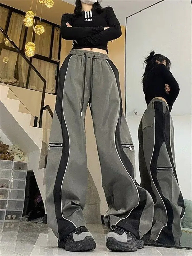 Y2K Line n Pant Women Drawstring Pockets Wide Leg Chic Punk Pants Baggy Striped Sports Sweatpants Parachute Jogger Trousers 240821