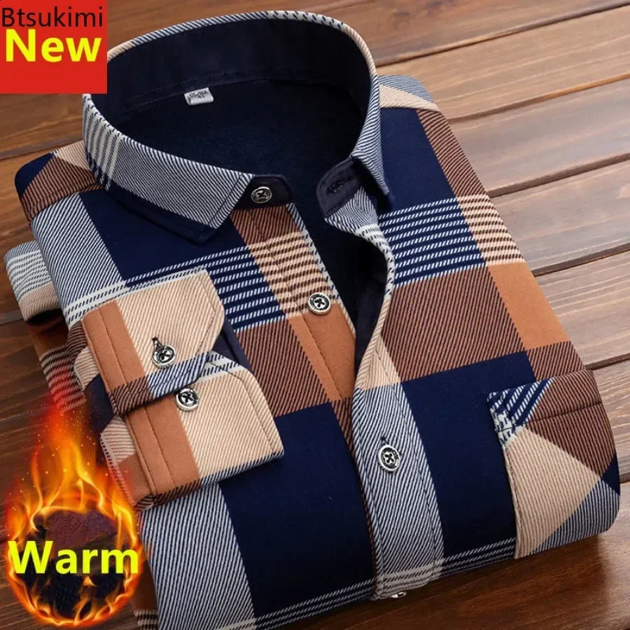 Autumn Winter Mens Clothing Fashion Retro Casual Business Long Sleeve Lapel Shirts Fleece Thicked Warm Man Print Shirt Tops 240822