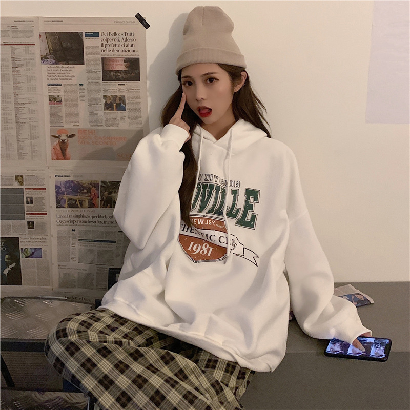 Autumn/Winter New Korean College Letter Printed Thick Velvet Hoodie Women's Long Sleeve BF Style Loose Top dongdumaoyi