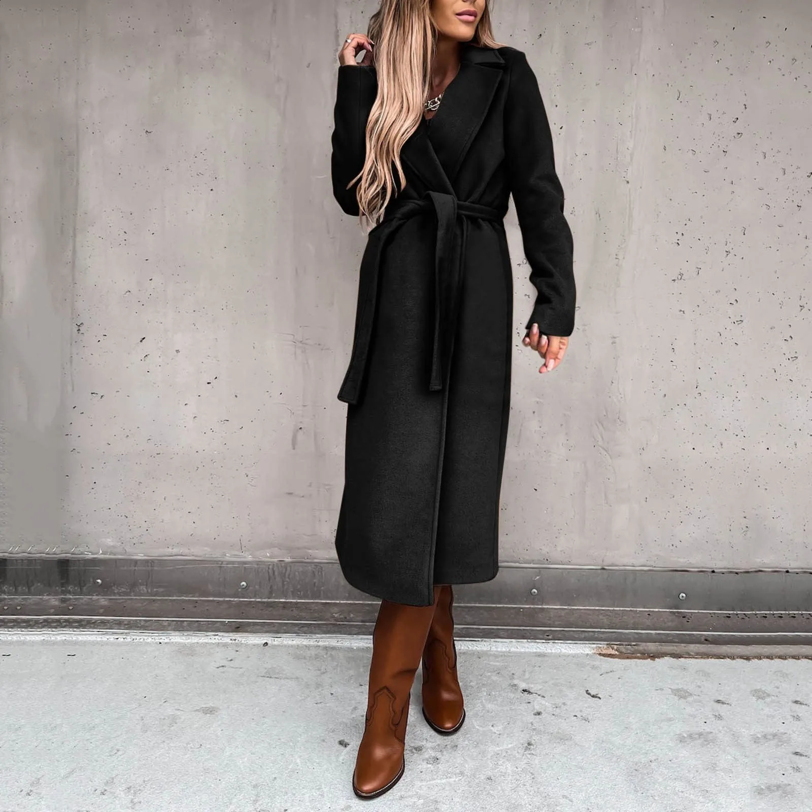 Womens Winter Woolen Coat Elegant Lapel Trench Coat Solid Color Long Jacket Work Tie Long Coat 240822