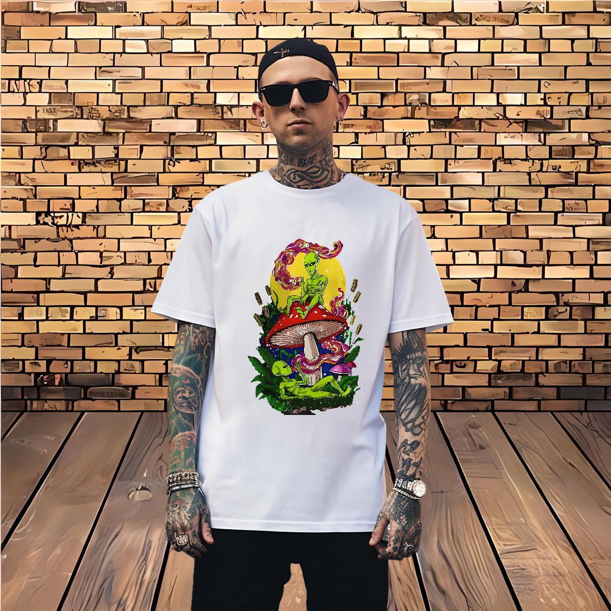 Cool Design mushroom T Shirts Men Casual Beach Men Clothes T-Shirt 100% Cotton 230g Classic Casual Crew Neck Skull Tshirts