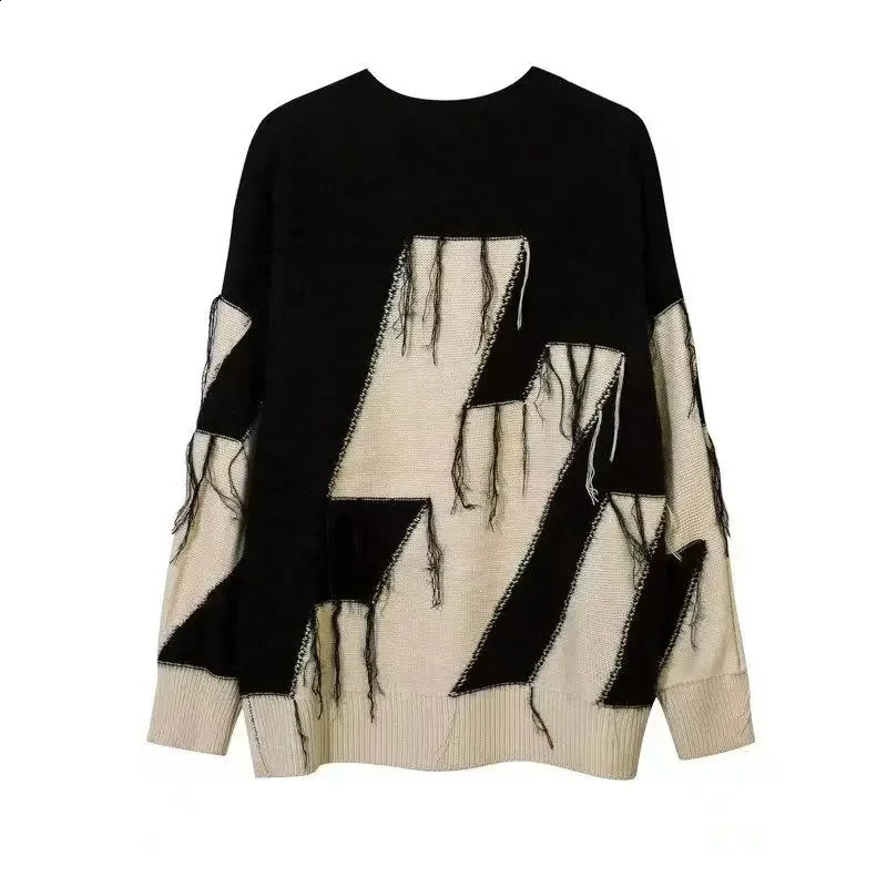 American Retro Autumn And Winter Loose Fringed Round Neck Knitted Thick Sweater Men n Sense Of Contrast Street Hip-hop Top 240821