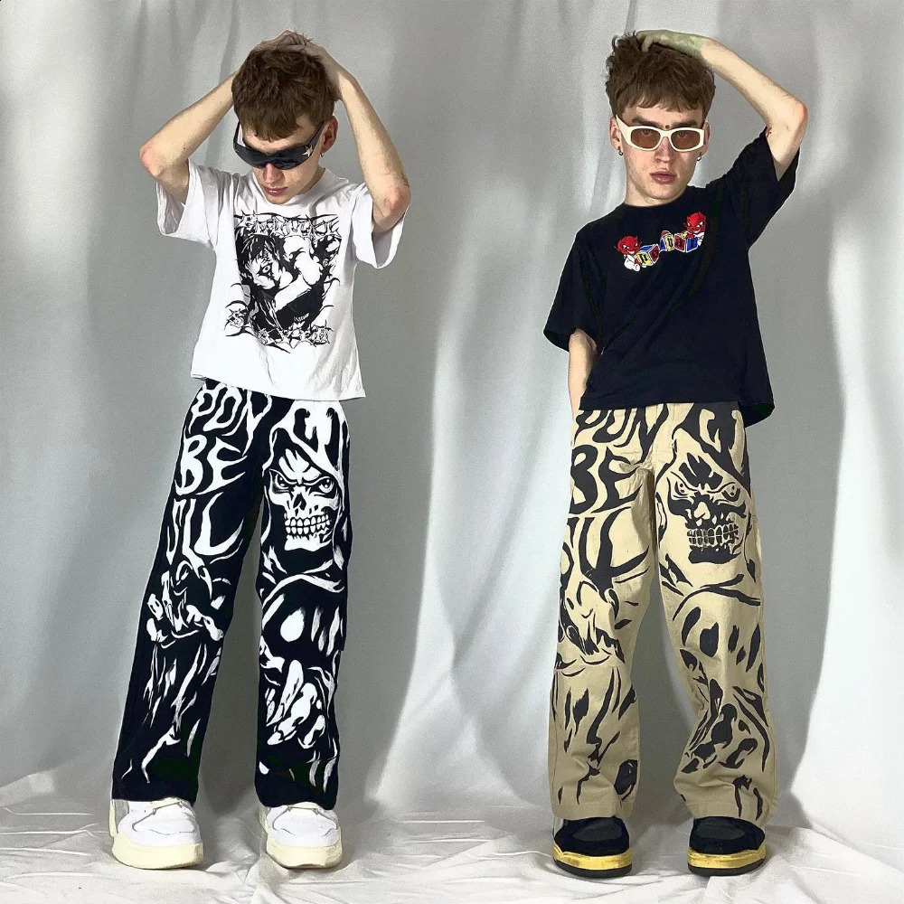 Y2k black jeans fashionable and personalized skeleton printed wide leg straight hiphop pants Gothic Harajuku mens 240807