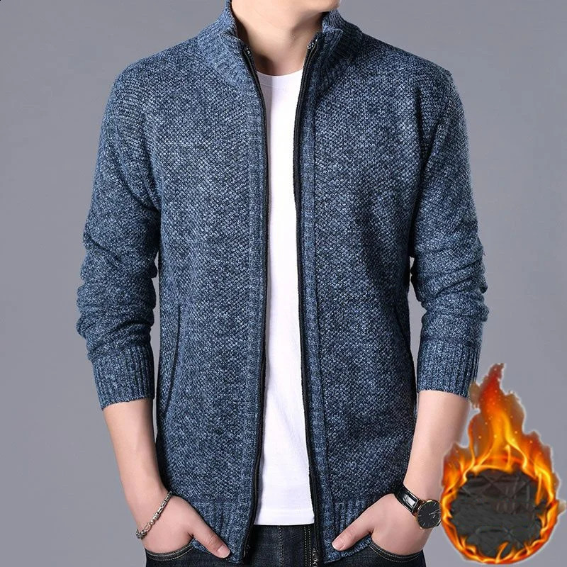 Fashionable mens wool thick autumn and winter sweater zipper plain collar long sleeved casual bottom thin knitted pulled 240821