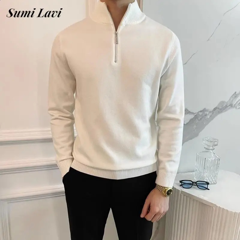 autumn fashion standing collar sweater mens long sleeved zipper ultrathin jumping top winter casual solid color 240821