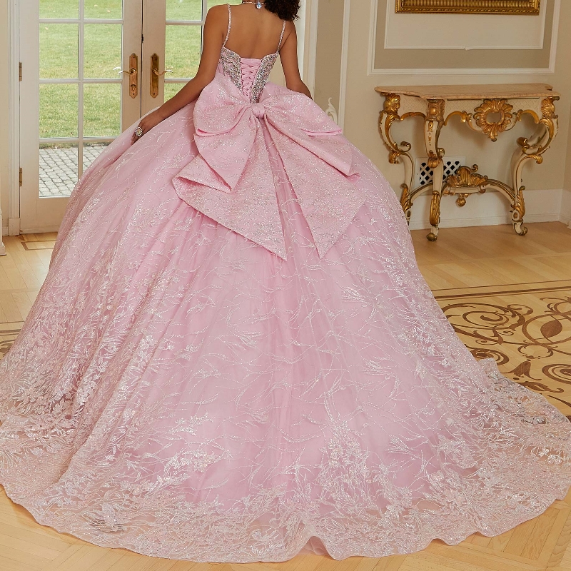 Pink Shiny Spaghetti Strap Princess Quinceanera Dresses Ball Gown Classic Sequin Beads Crystal Tull Sweet 16 Dress Vestidos 15 De
